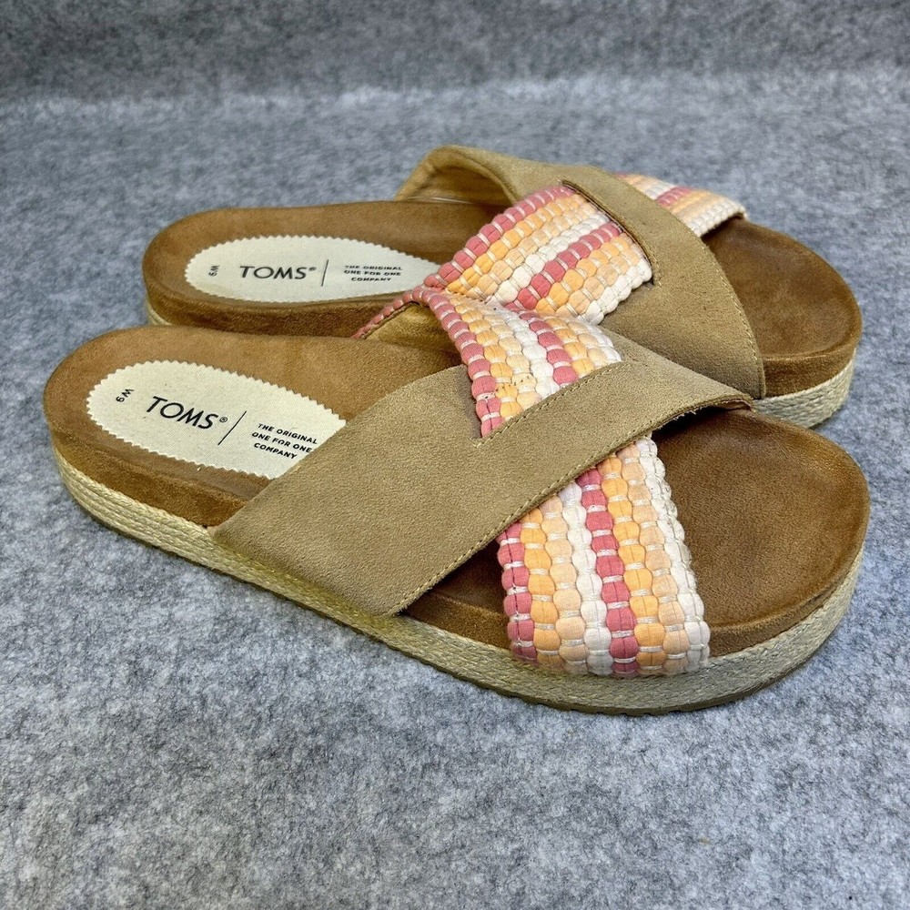 TOMS - Women’s Paloma Sandals Crossed Straps Slip-On Tan Suede Pink Slides Sz 9